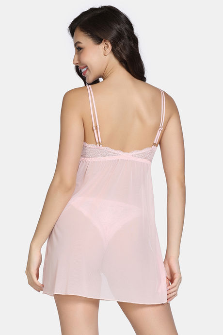 Zivame Forever Yours Lace N Mesh Babydoll With Thong - Rose Quartz — image 3